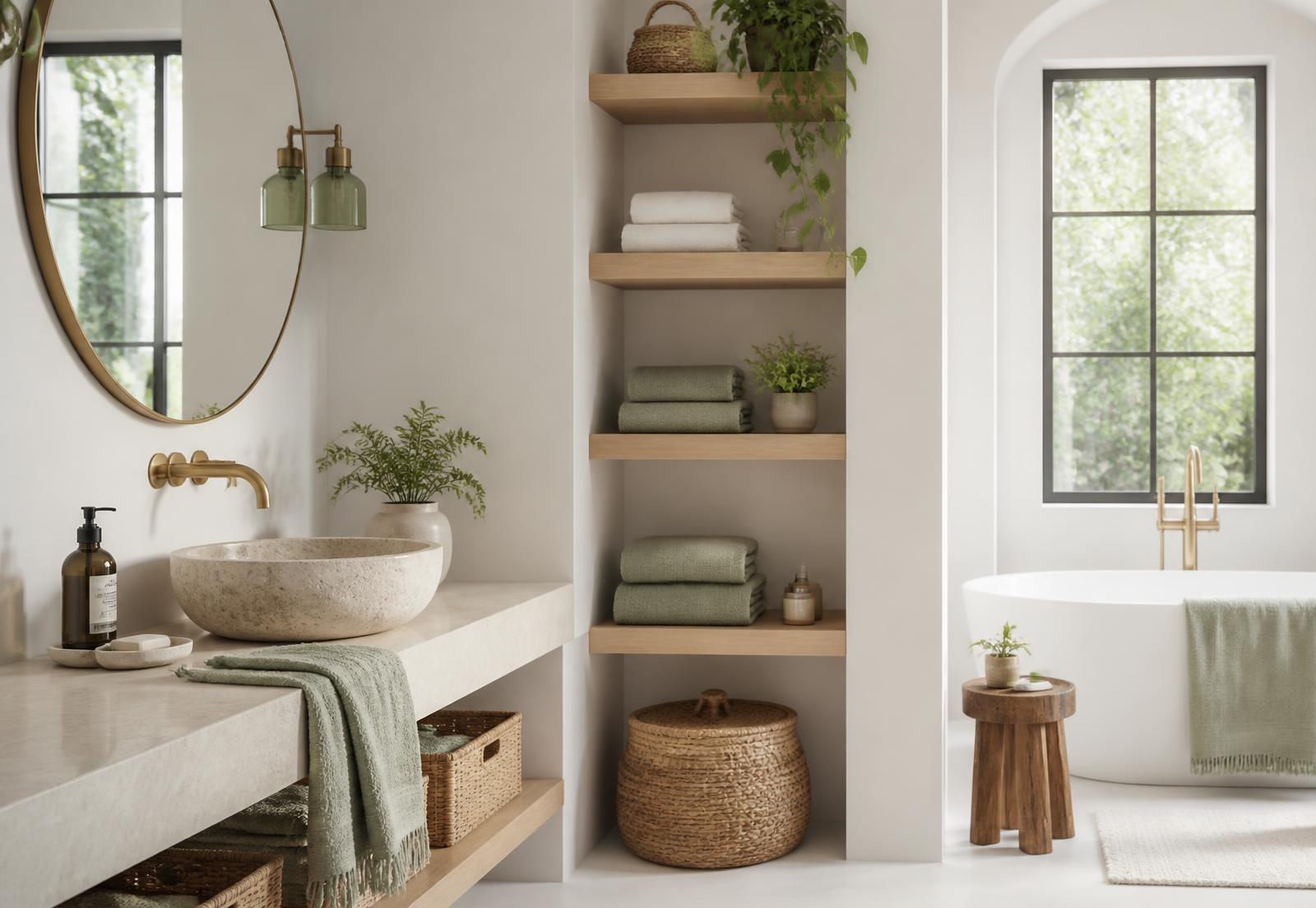 Bright bathroom with organised shelving, folded towels and woven baskets